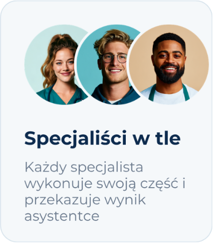 Specjaliści w tle wykonują swoją część i przekazują wynik asystentce.