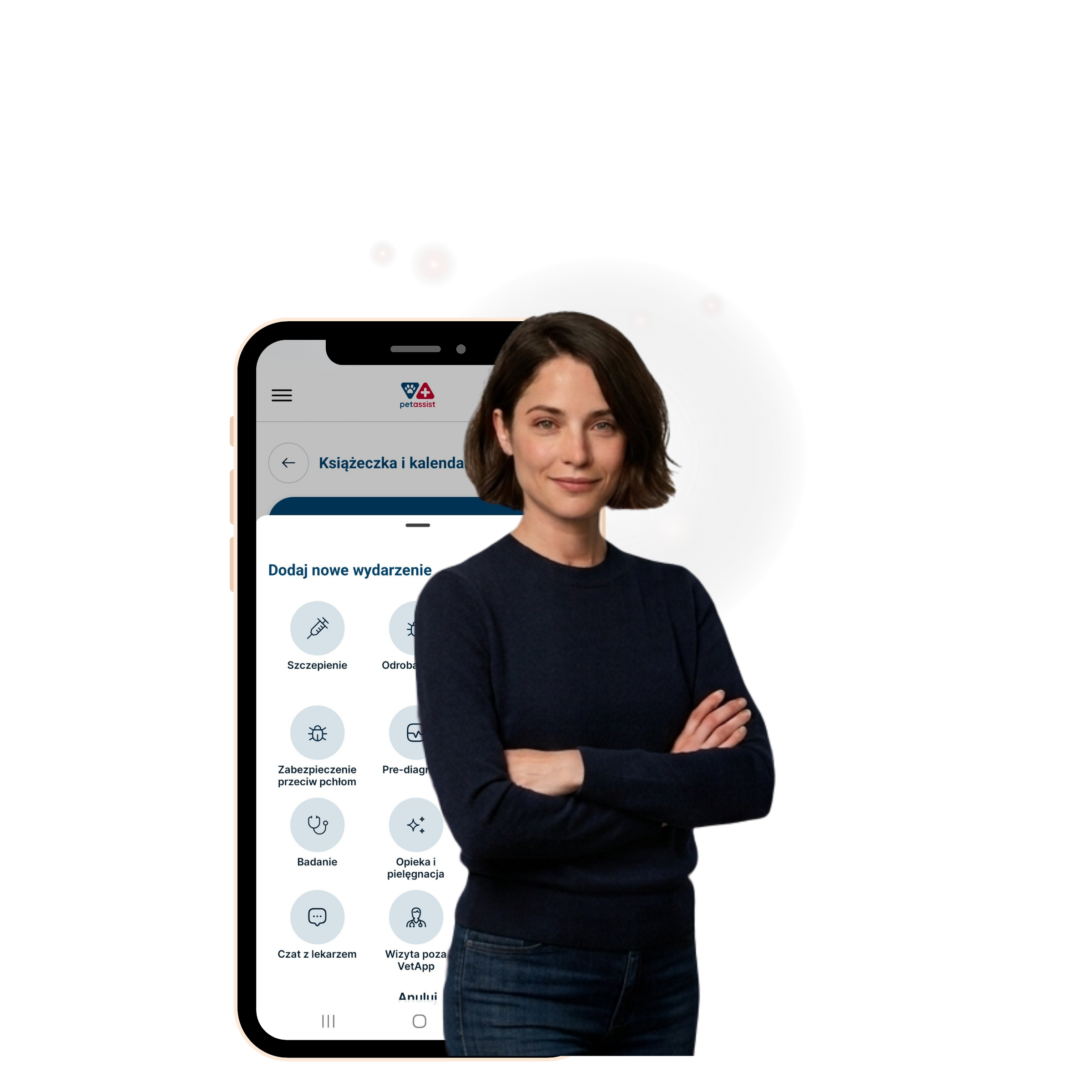 Sara, osobista asystentka PetAssist, na tle aplikacji